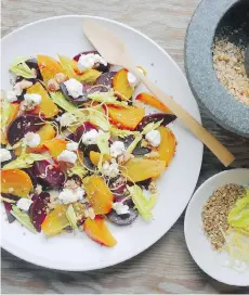  ??  ?? Coriander seeds add a citrusy flavour to this beet and goat’s cheese salad.