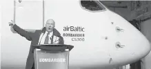  ??  ?? Bombardier CEO Alain Bellemare at a ceremony to mark the first delivery of Bombardier's CS300 on Nov. 26.