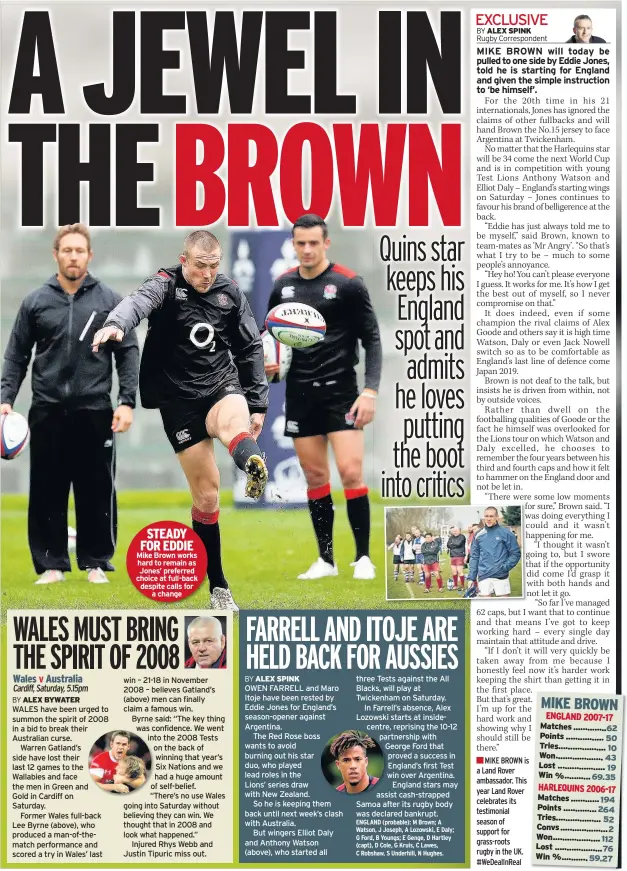  ??  ?? STEADY FOR EDDIE Mike Brown works hard to remain as Jones’ preferred choice at full-back despite calls for a change
MIKE BROWN is a Land Rover ambassador. This year Land Rover celebrates its testimonia­l season of support for grass-roots rugby in the...