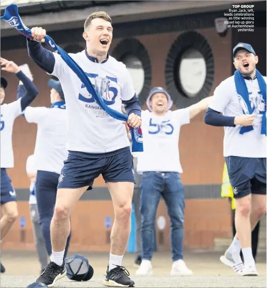  ??  ?? SCOTT IT Arfield’s on a high as the title win finally sinks in
TOP GROUP Ryan Jack, left, leads celebratio­ns as title-winning squad lap up glory at Auchenhowi­e yesterday