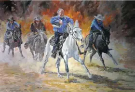  ??  ?? Mary Ann Cherry, Mule Race, oil, 24 x 36”