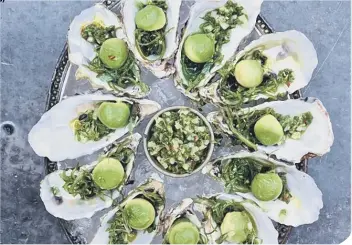  ??  ?? Vegan oysters with avocado pearls is just one of the recipes you will find in the Avocados in Bloom recipe book