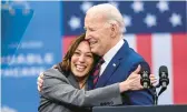  ?? MATT KELLEY/AP ?? Vice President Kamala Harris embraces President Joe Biden on Tuesday in Raleigh, North Carolina, during an appearance to promote their health care agenda.