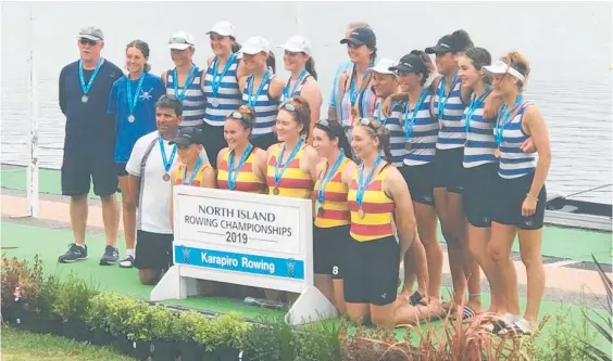  ?? Photo / Supplied ?? Aramoho Whanganui win gold in the women’s club coxed four at the North Island Rowing Champs on Lake Karapiro. The crew (in yellow and red) with coach Dave Dudley are Campbell Monk (cox), Jaimee Bridger, Grace Hogan, Niamh Murphy (stroke) and Mikayla Manville.