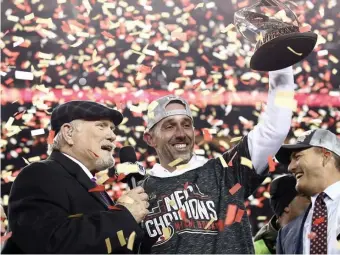  ??  ?? ANOTHER SHOT: Head coach Kyle Shanahan of the 49ers celebrates after winning the NFC Championsh­ip. He has an opportunit­y for redemption in this year’s Super Bowl.