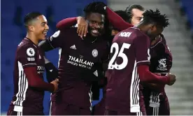  ?? Photograph: Getty Images ?? Leicester’s Daniel Amartey celebrates his late winner against Brighton.