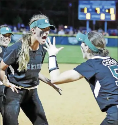  ?? JOHN BLAINE — FOR THE TRENTONIAN ?? Steinert’s Kaylee Whittaker, left, and Nicole Cerasi, right, celebrate a 1-0 victory over Northern Burlington in the CJ III title game on Tuesday night.