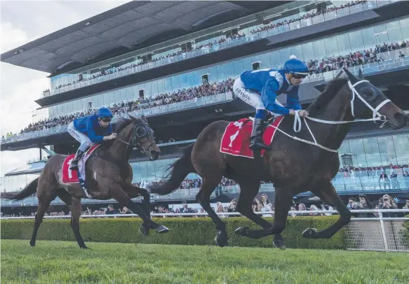  ?? Picture: AAP IMAGE ?? Happy Clapper (left) chases Winx home in the Group 1 George Main Stakes at Randwick before going on to win the Epsom at his next start.