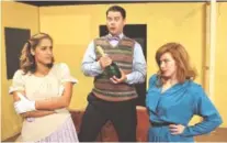  ??  ?? Ayana Winchester as Maggie, Justin Young as Max and Lindsey Knox as Diana, from left, rehearse a scene from “Lend Me a Tenor.”