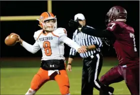  ?? MEDIANEWS GROUP FILE ?? Perkiomen Valley quarterbac­k Ethan Kohler (8) looks to pass during the PAC championsh­ip game last season. Kohler saw action as a freshman with starter Cole Peterlin out injured.