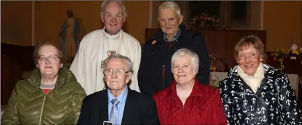  ??  ?? Back: Fr William Cosgrave (celebrant) and Paddy Doran, Boolavogue. Front: Breda O’Loughlin, Boolavogue, Nicky Furlong, Monageer, Margaret Sheridan, Monageer, and Maura Doyle, Monageer, who were presented with Pioneer Total Abstinence Associatio­n Golden Jubilee pins in Monageer Church.