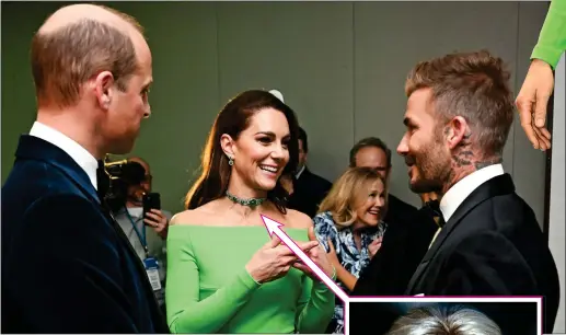  ?? ?? MATCHED UP: Chatting to David Beckham, with Kate accessoris­ing her dress with an emerald choker the late Queen had permanentl­y loaned to Diana, right