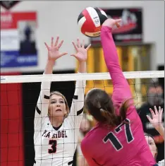  ??  ?? Lady Blackhawk senior Zaelea Harris (No. 3) defends against Shiloh Christian’s Emerson Traweek as she tries to score.