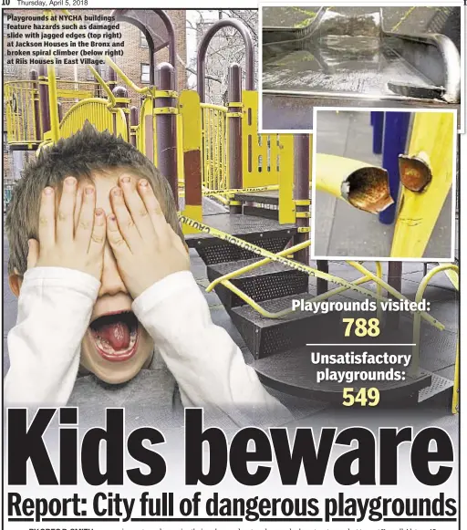  ??  ?? Playground­s at NYCHA buildings feature hazards such as damaged slide with jagged edges (top right) at Jackson Houses in the Bronx and broken spiral climber (below right) at Riis Houses in East Village.