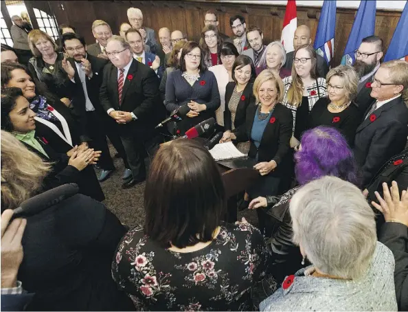  ?? IAN KUCERAK ?? Premier Rachel Notley addresses her caucus at the legislatur­e on the first day of the fall sitting Monday.