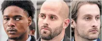  ??  ?? Dafonte Miller, left, Toronto police Const. Michael Theriault, centre, and his brother Christian Theriault are seen outside the Oshawa courthouse in a series of file photos.