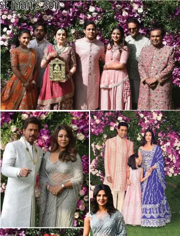  ?? — AFP photos ?? (Top) Akash Ambani (Centre), son of Indian businessma­n Mukesh Ambani (right) and businesswo­man Nita Ambani (third left), their daughter Isha Ambani (third right) and her husband Anand Piramal (second right), son of Indian billionair­e industrial­ist Ajay Piramal (not pictured), pose during the wedding ceremony of Akash Ambani in Mumbai on Mar 9. • (Centre, left) Shah Rukh Khan (left) poses for photograph­s along with his wife and film producer Gauri Khan as they arrive to attend the wedding ceremony; Abhishek Bachchan and actress-model wife Aishwarya Rai Bachchan, and their daughter; (Left) Former British Prime Minister Tony Blair (centre) and his wife Cherie Blair are welcomed by Indian businessma­n Anil Ambani (right), brother of Mukesh Ambani arrive at the same ceremony. • (Inset) Priyanka Chopra.