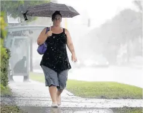  ?? JOE CAVARETTA/STAFF PHOTOGRAPH­ER ?? A pedestrian fights the rain on Dixie Highway in Pompano Beach on Sunday, with more of the wet stuff on the way. South Florida faces a week with lots of rain and very little sun, thanks to a broad patch of stormy weather in the Gulf of Mexico. That...