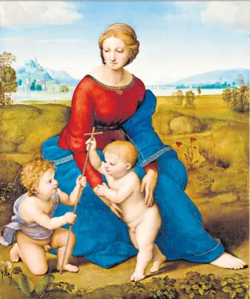  ??  ?? Masterful: Madonna del Prato ( Madonna of the Meadow) by Raphael (1505-6); and a self-portrait, commonly dated between 1504-6