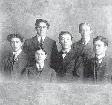  ??  ?? The first graduating class of Menaul School in 1906. Pictured from left to right (bottom row) are James Gonzoles, Timoto Romero, Cosme Garcia, Av. Lucero, and from left to right (top row) are Charles Cordova and Clifford Perea.