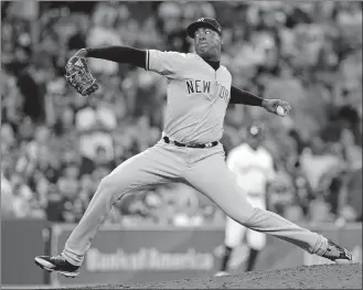  ?? MICHAEL WYKE/AP PHOTO ?? Yankees reliever Aroldis Chapman throws a pitch in the ninth inning of Thursday’s game against the Astros at Houston. The Yankees won 6-5.