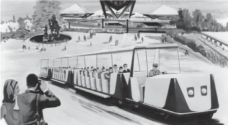  ??  ?? A painting featuring a trackless train that transporte­d handicappe­d people around Expo ’67 free of charge.