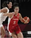  ?? ASSOCIATED PRESS FILE PHOTO ?? ERIC GAY
Kia Nurse drives around Serbia’s Sonja Vasic, left, during a basketball game at the Summer Olympics on July 26, 2021.