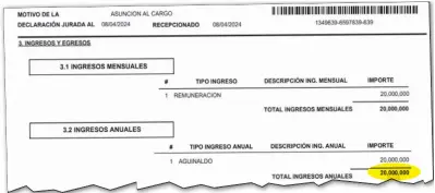  ?? ?? Documento de asunción al cargo de administra­tivo en la EBY que consta en la CGR. Aparece con un sueldo de G. 20 millones.