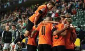  ?? Photograph: Kacper Pempel/Reuters ?? Shakhtar players celebratin­g after Mykhailo Mudryk, now of Chelsea, scored against Celtic in the Champions League last season.