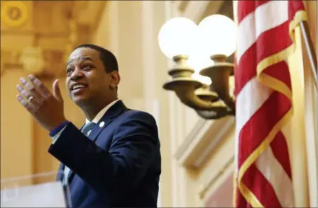  ?? STEVE HELBER — THE ASSOCIATED PRESS ?? Virginia Lt. Gov Justin Fairfax welcomes visitors to the gallery at the opening of the senate session at the Capitol in Richmond, Va., Thursday. A California woman has accused Fairfax of sexually assaulting her 15 years ago.