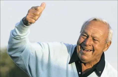 ?? David J. Phillip/Associated Press ?? Honorary starter Arnold Palmer reacts after hitting the ceremonial first tee shot for the first round of the 2007 Masters golf tournament April 5, 2007, at the Augusta National Golf Club in Augusta, Ga. Before he became a legend on the PGA Tour, Arnold...