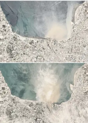  ?? PHOTO: REUTERS ?? Simply gone . . .A combinatio­n of satellite images shows Palu, Indonesia on Thursday (top) and on Saturday (bottom).