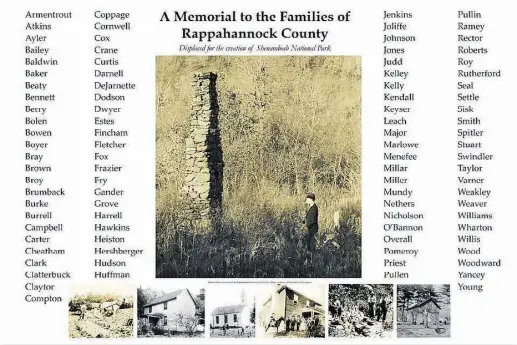  ??  ?? This graphic lists the names of families that were displaced in Rappahanno­ck County when the park was created. “We’re trying to show this photo to as many people as possible because if there are missing family names,” says organizer Missy Sutton, “we...