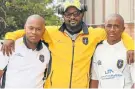  ?? Picture: WERNER HILLS ?? MATCH DAY: Sport enthusiast­s, from left, Aya Mashiyi, Gift Kwatsha and Phindile Tsolekile were spotted at the United Brothers vs Jendamark United cricket match at Dan Qeqe Stadium on Sunday