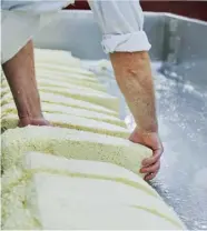  ??  ?? Top Mottled rinds on the cheese impart flavour. Above Turning the drained curd blocks, in a process known as cheddaring. Right Home Farm; an unpasteuri­sed kiss