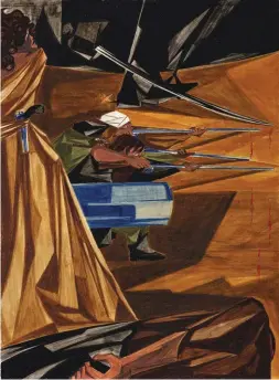  ??  ?? Jacob Lawrence (1917-2000), And a Woman Mans a Cannon, Panel 12, 1955, from Struggle: From the History of the American People, 1954-56. Egg tempera on hardboard. Collection of Dr. Kenneth Clark. © The Jacob and Gwendolyn Knight Lawrence Foundation, Seattle/artists Rights Society (ARS), New York. Photograph­y by Bob Packert/pem.