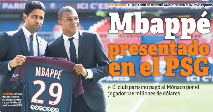  ??  ?? HISTÓRICO. Kylian Mbappé cuando era presentado por Nasser Al-Khelaifi, presidente del PSG.