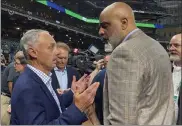  ?? AP FILE ?? MLB commission­er Rob Manfred, left, and Players Associatio­n executive director Tony Clark speak before Game 1 of the World Series on Oct. 26.