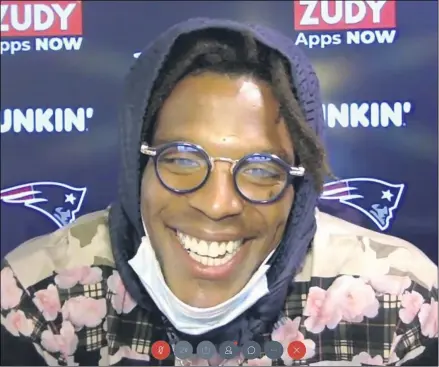  ?? HONS ?? In this still image from a Webex media availabili­ty hosted by the New England Patriots, quarterbac­k Cam Newton responds to a question, Friday, Aug. 7, 2020, in Foxborough, Mass.