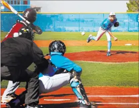  ?? Rachel Aston ?? Las Vegas Review-journal @rookie__rae Centennial’s Nik Dobar makes one of his 85 pitches in a complete-game shutout to beat visiting Cimarron-memorial on Friday.