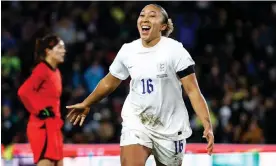  ?? Peter Cziborra/Action Images/Reuters ?? Lauren James celebrates scoring for England during victory over South Korea last month. Her internatio­nal captain, Leah Williamson, says James is ‘a cheat code’ for her side. Photograph: