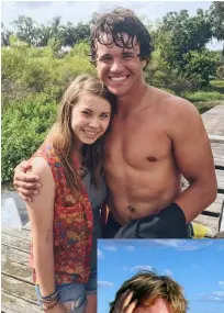  ??  ?? Clockwise from above: Bindi and wakeboarde­r Chandler in
2015; loved up at Australia Zoo, where Chandler now works with the Irwin family; a young Bindi and dad Steve pictured at Uluru.