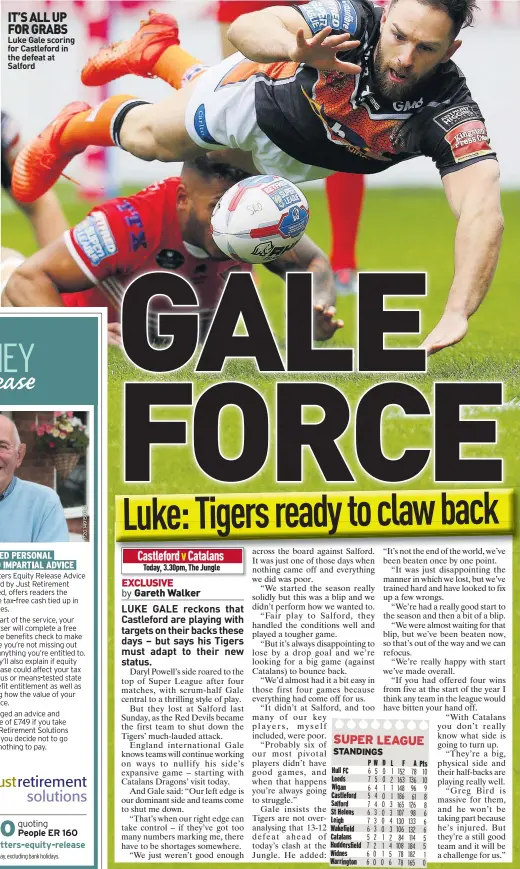  ??  ?? IT’S ALL UP FOR GRABS Luke Gale scoring for Castleford in the defeat at Salford
