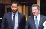  ?? Richard Drew / Associated Press ?? Former assistant basketball coach for the University of Southern California Tony Bland, left, and his attorney Jeffrey Lichtman, leave federal court in New York in 2019.