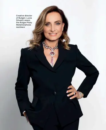  ??  ?? Creative director of Bulgari, Lucia Silvestri wears the Bulgari Ruby Metamorpho­sis necklace