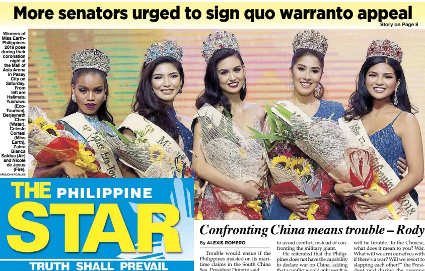  ?? KRIZJOHN ROSALES ?? Winners of Miss EarthPhili­ppines 2018 pose during their coronation night at the Mall of Asia Arena in Pasay City on Saturday. From left are Halimatu Yushawu (EcoTourism), Berjayneth Chee (Water), Celeste Cortesi (Miss Earth), Zahra Bianca Saldua (Air)...