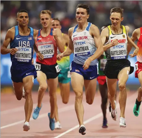  ??  ?? Jake Wightman (centre) set a new Scottish record of 3:31.87 in Doha and finished in fifth with Josh Kerr in sixth