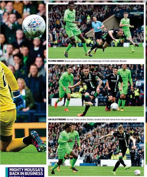  ??  ?? MAKING A MARK: Shaw fires home to bring Hibs to within a goal for the second time yesterday AN OLD FRIEND: former Celtic striker Stokes strokes the ball home from the penalty spot FLYING HIBEE: Boyle goes down under the challenge of Celtic defender...