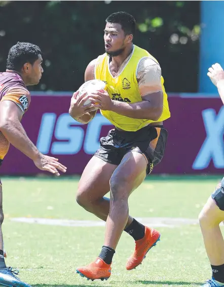  ?? Picture: AAP IMAGE ?? Broncos rookie Payne Haas (centre) has been fined and stood down by the NRL club.