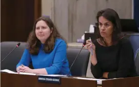  ??  ?? LISTENING IN: Boston City Councilors Kenzie Bok, left, and Annissa Essaibi-George listen during the hearing.